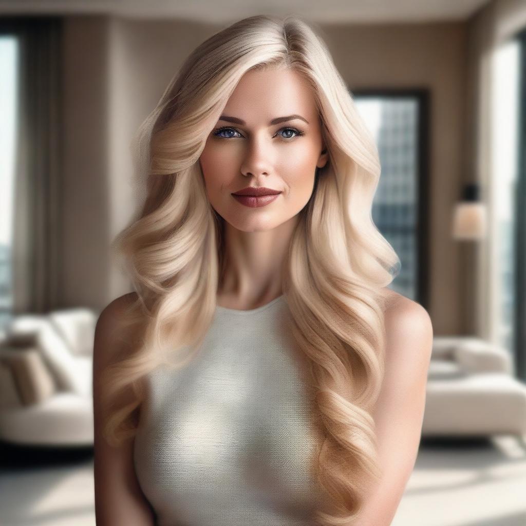 A photorealistic portrayal of a stunning blonde woman in a luxurious modern apartment.