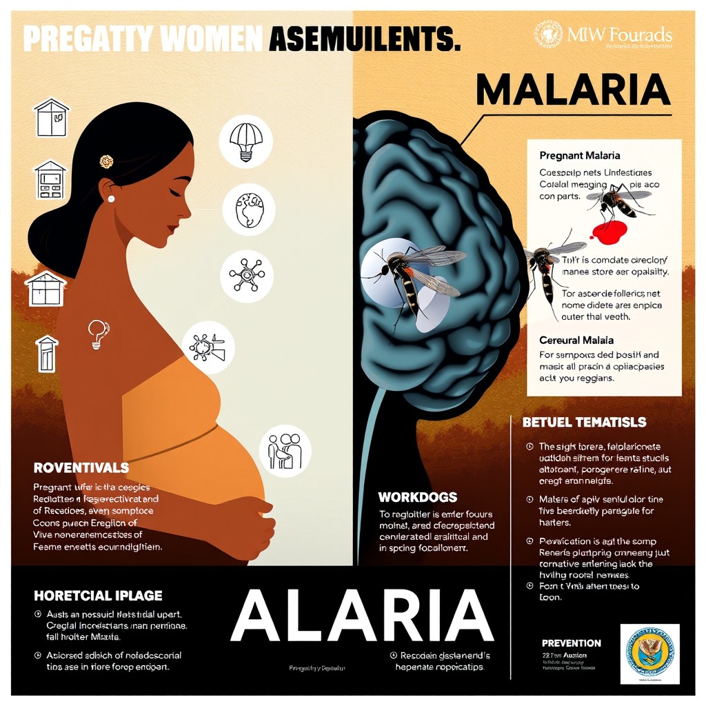 A striking informative poster about malaria focused on pregnant women and cerebral malaria, featuring a split image design