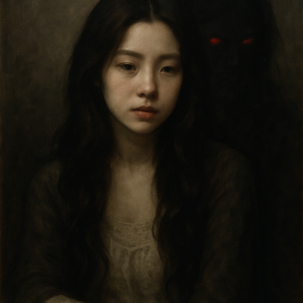 make a moody, painterly-style image of a woman sitting solemnly, with a reflection or shadow behind her showing a version of herself with glowing red eyes