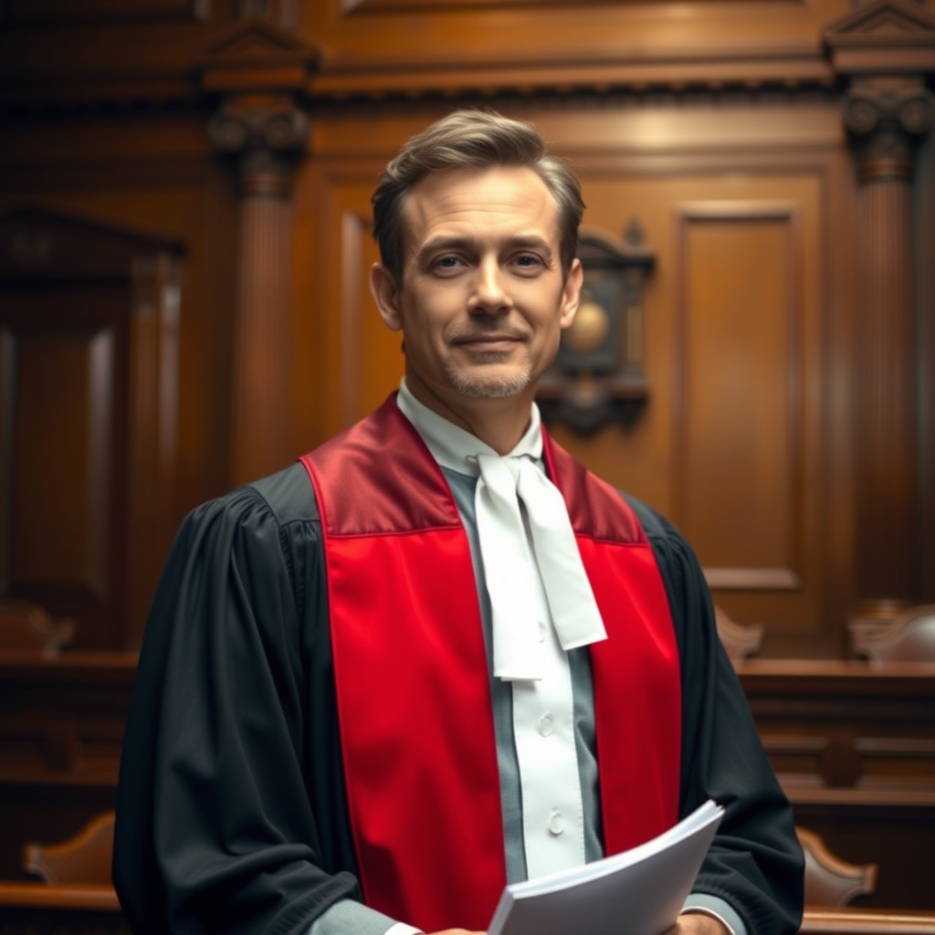 A person wearing a lawyer's robe with a confident expression, standing in an elegant court setting