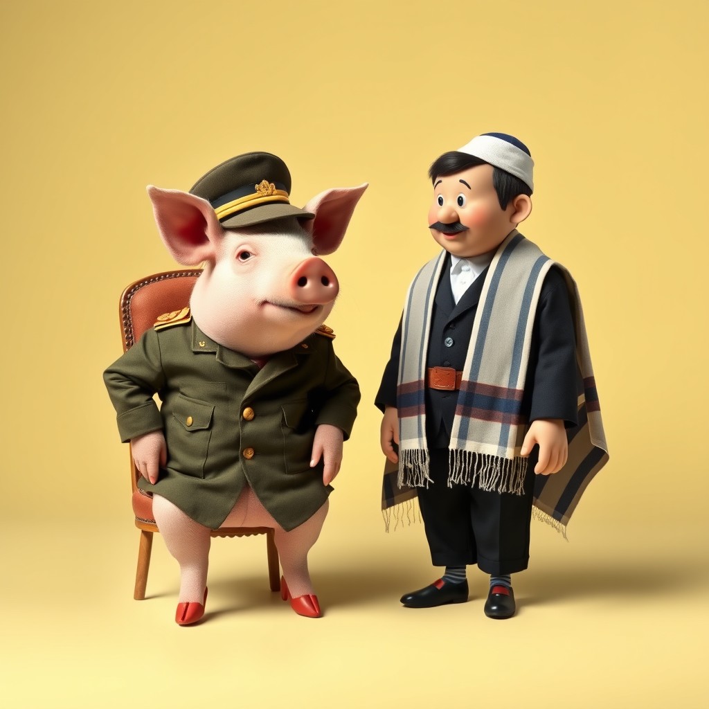 A whimsical and surreal image depicting a pig dressed in military attire, sitting on a chair with a confident posture