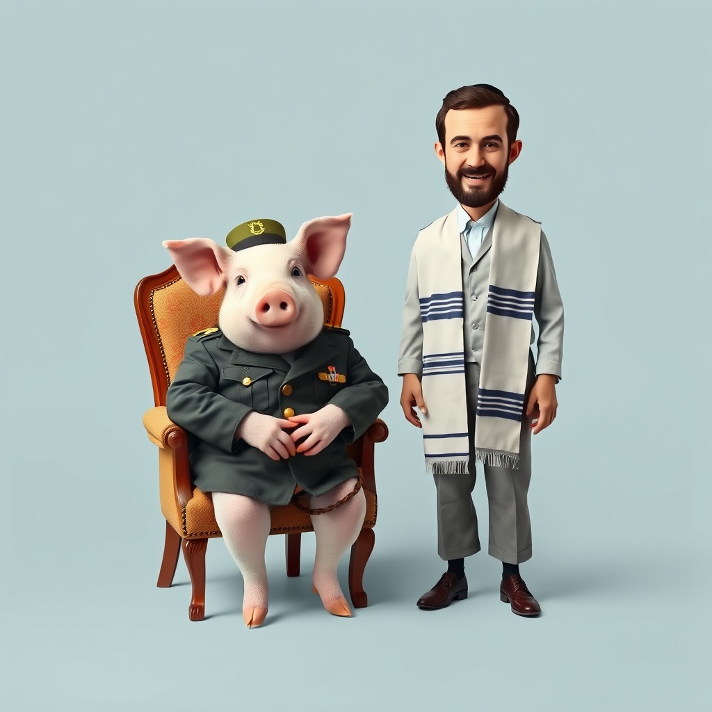 A whimsical and surreal image of a pig dressed in military attire, sitting confidently on a chair