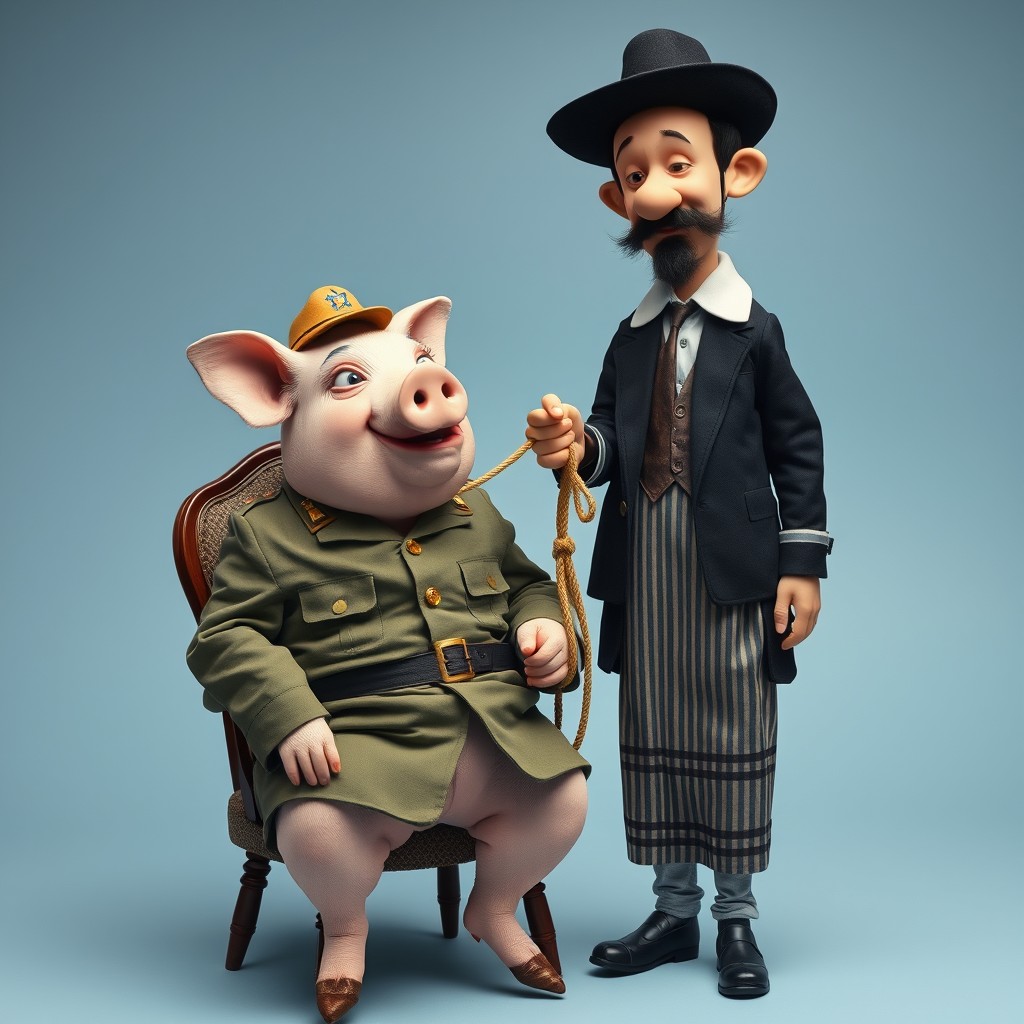 A whimsical and surreal image featuring a pig dressed in military attire, seated on a chair, looking amused