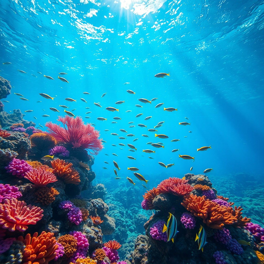 A stunning underwater scene showcasing a vibrant coral reef teeming with life