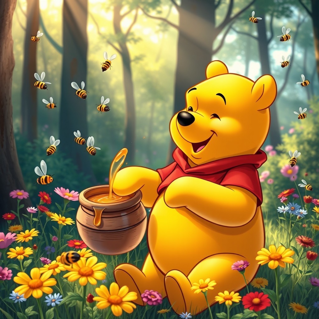Winnie the Pooh in a vibrant forest, joyfully interacting with a swarm of bees