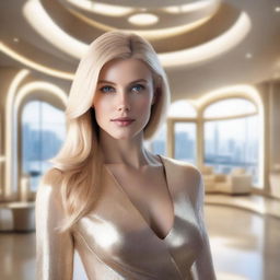 A photorealistic depiction of a stunning blonde woman in a luxurious house of the future.