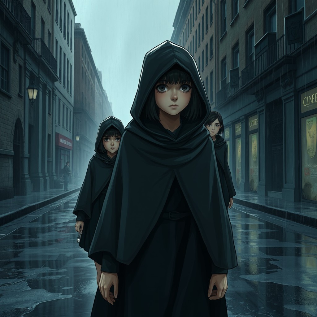 A realistic portrayal of a girl in a hooded cloak walking down a rain-soaked street lined with dark, imposing buildings