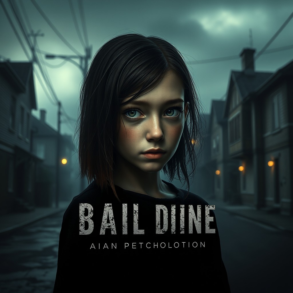 A stunning and immersive book cover design for a game featuring a girl with a personality disorder, set against a dark urban background of houses and a shadowy street