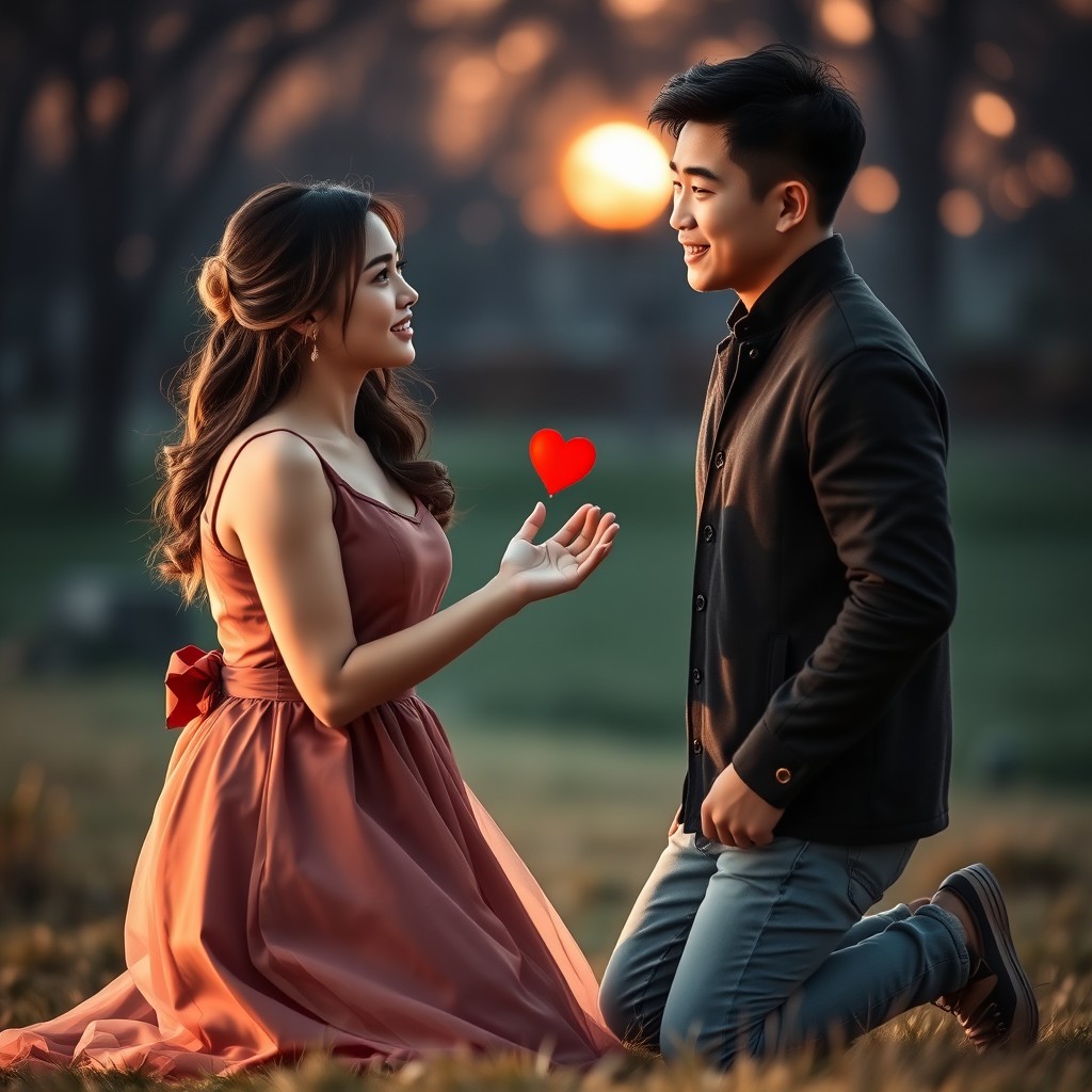 A heartfelt scene featuring a beautiful Russian girl kneeling beside a young Chinese man, offering him her hand in a romantic gesture suggesting love and commitment