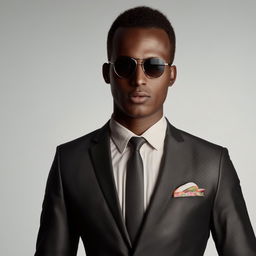 A stylish Somalian man sporting a sharp business suit and sleek sunglasses.