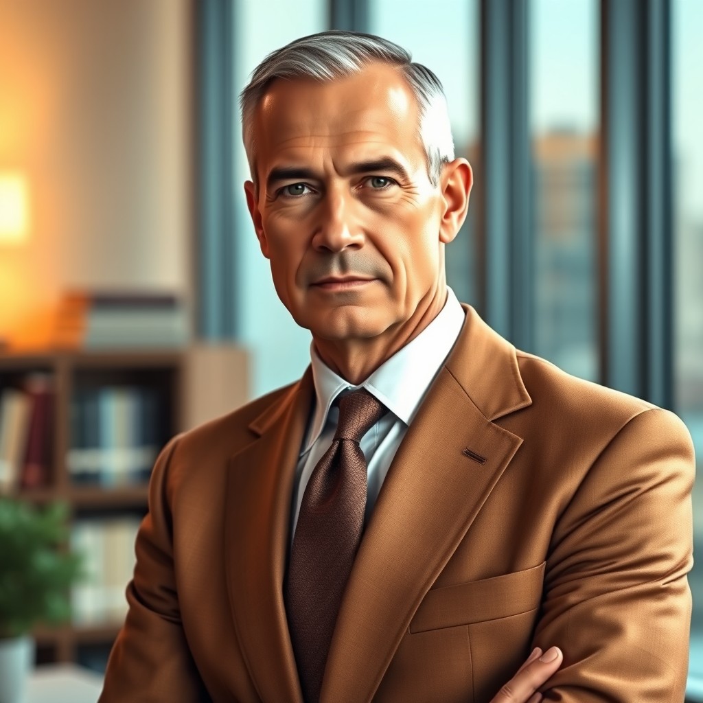 A mature male figure with a receding hairline, dressed in a well-fitted brown suit that conveys sophistication and professionalism