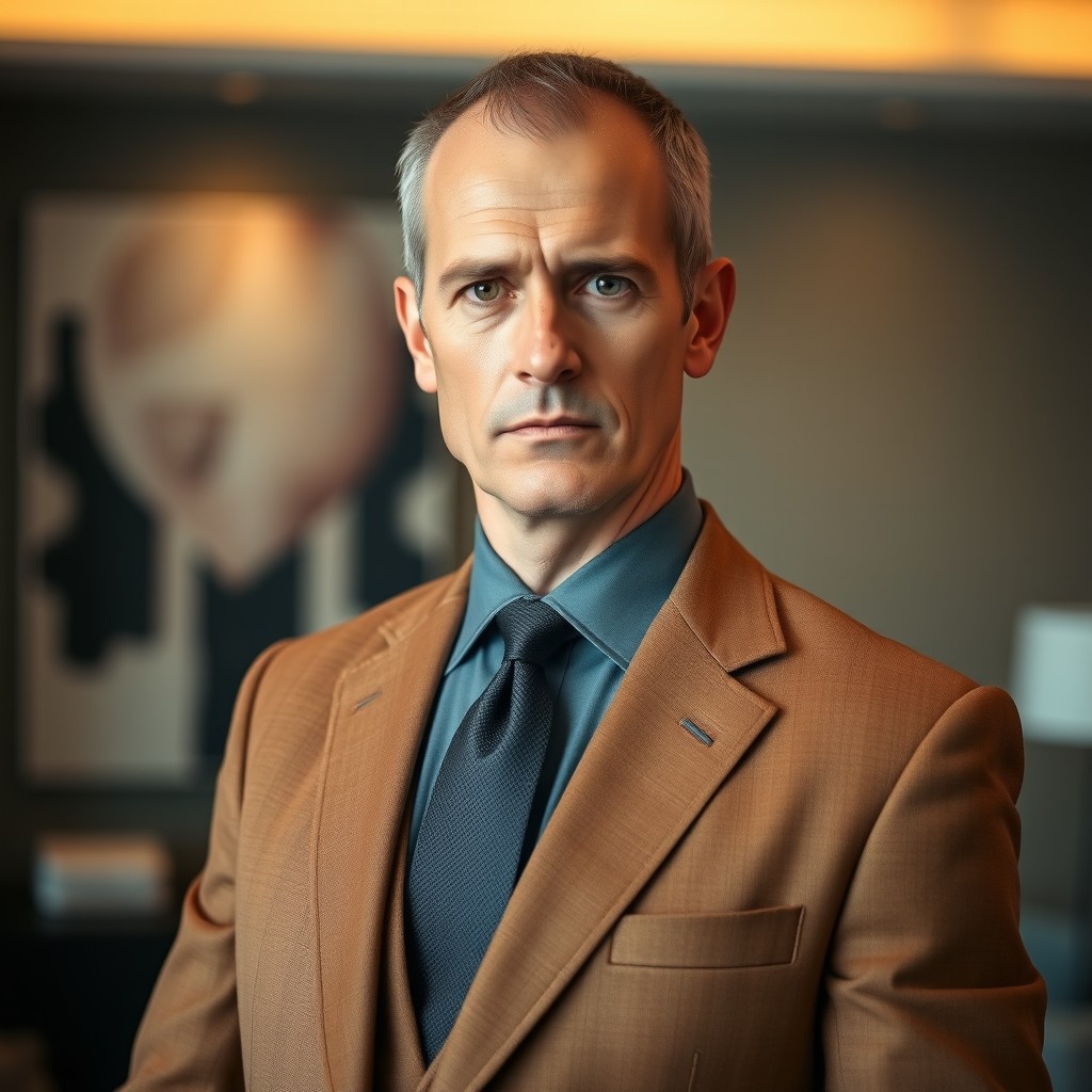 A serious mature male with a receding hairline, dressed in a classic brown suit that exudes professionalism and confidence