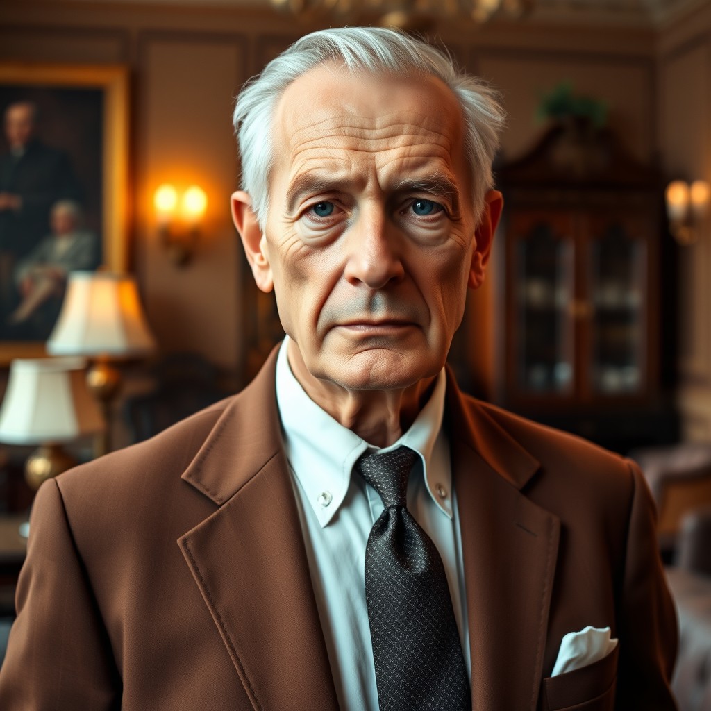 An elderly male figure with a receding hairline, dressed in a classic brown suit that reflects his distinguished age and experience