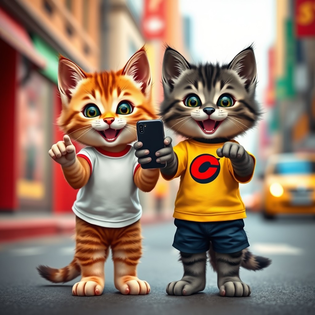 Two cute anthropomorphic kittens standing side by side on a vibrant city street in daylight