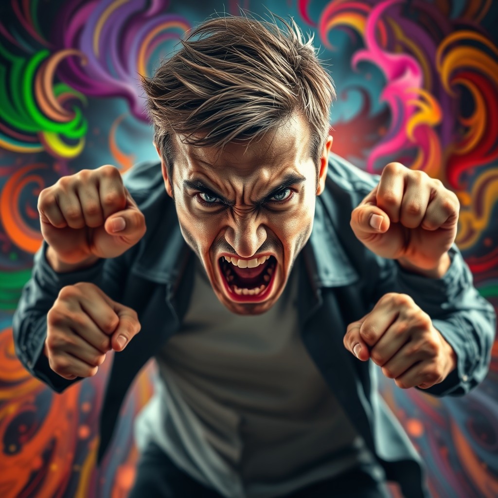 A person displaying extreme anger, with a furrowed brow and clenched fists, standing in a dynamic pose that suggests motion and intensity