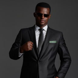 A stylish Somalian man sporting a sharp business suit and sleek sunglasses.