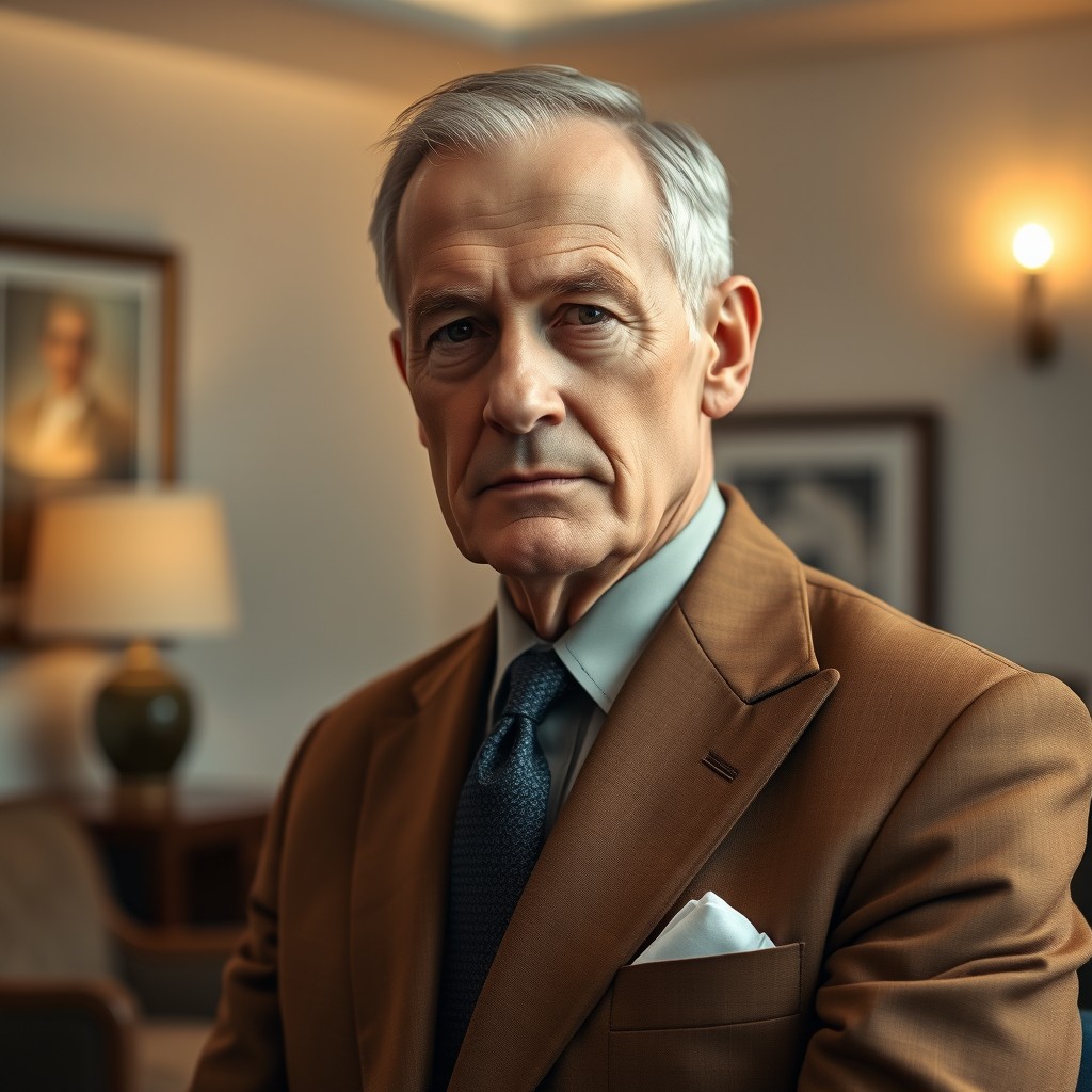 An elderly male with a receding hairline, elegantly dressed in a tailored brown suit that embodies professionalism and maturity