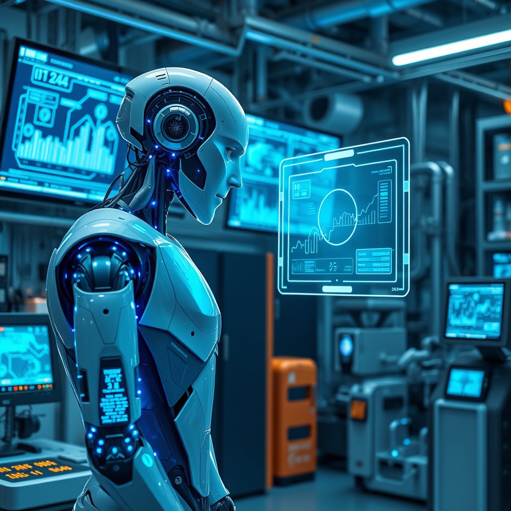 A futuristic scene featuring a highly advanced AI robot engaging in a deep discussion with an industrial program interface