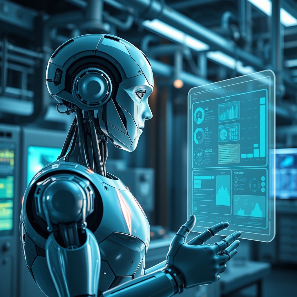 A futuristic scene featuring a humanoid AI robot engaged in a serious discussion with an industrial program interface