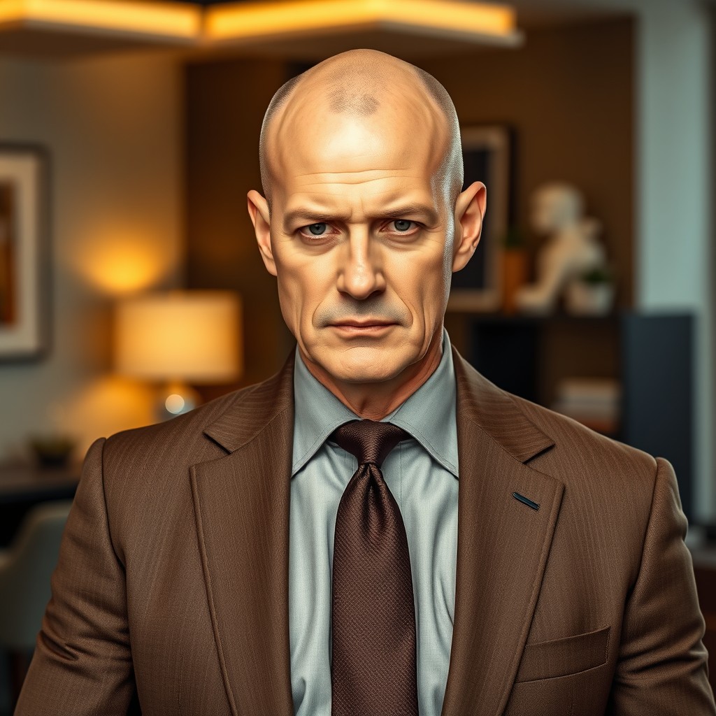 A serious mature male with a completely bald head and a receding hairline, elegantly dressed in a tailored brown suit that conveys professionalism and authority