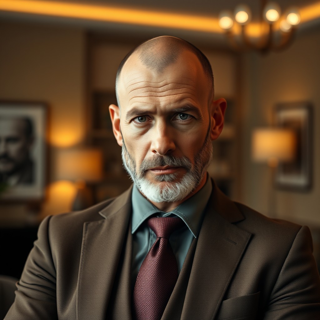 A serious mature male with a completely bald head and a receding hairline, featuring a well-groomed short beard that adds character to his face