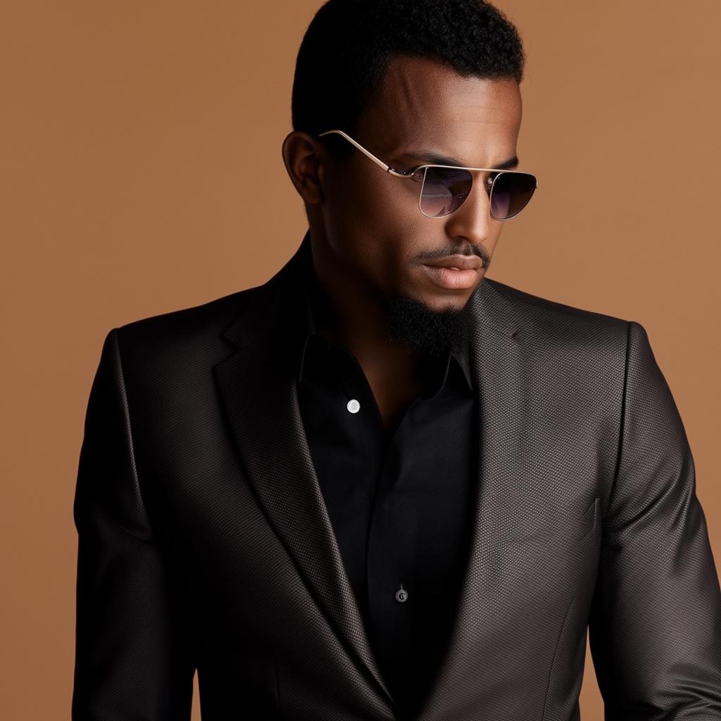 A stylish Somalian man sporting a sharp business suit and sleek sunglasses.