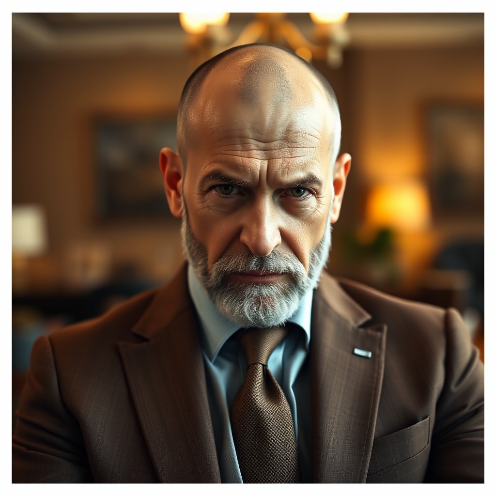 A serious, mature male with a completely bald head and a receding hairline, featuring a well-groomed short beard that adds character to his face