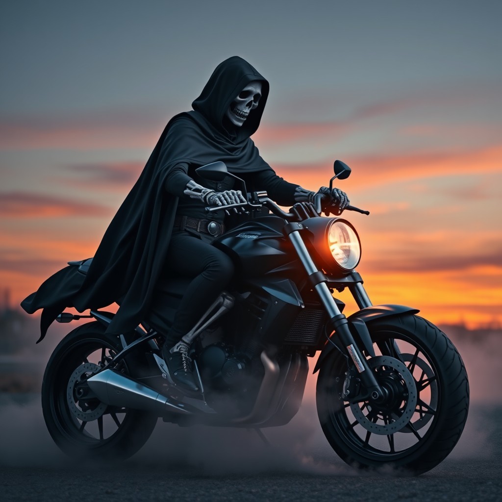 A dark and mysterious Grim Reaper character sitting on a sleek, modern motorcycle
