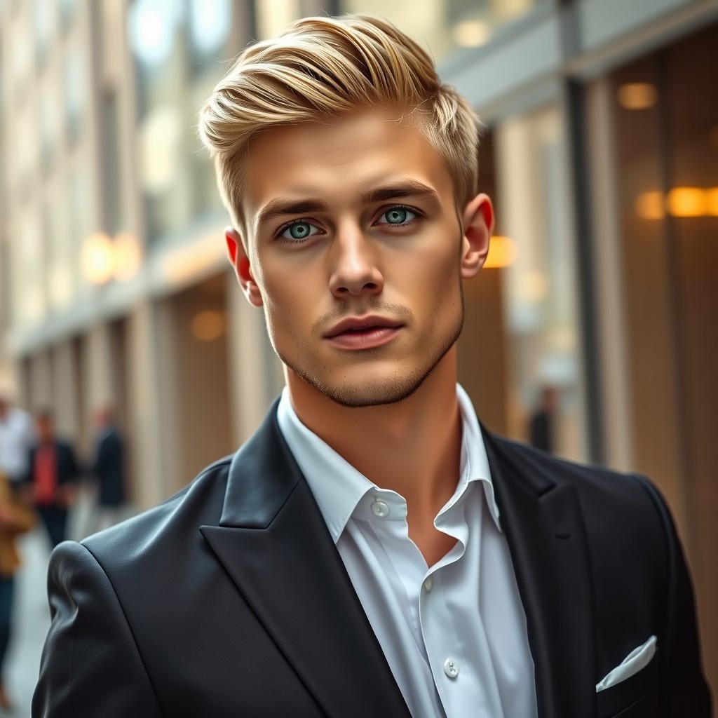 A young male with short blonde hair, complemented by a neatly trimmed short beard