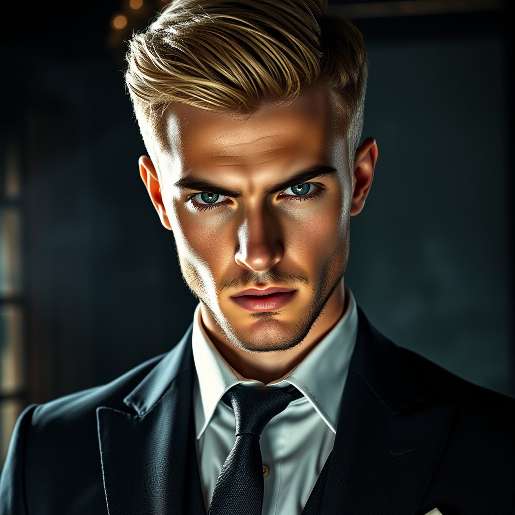 A young male with short blonde hair and a neatly trimmed short beard