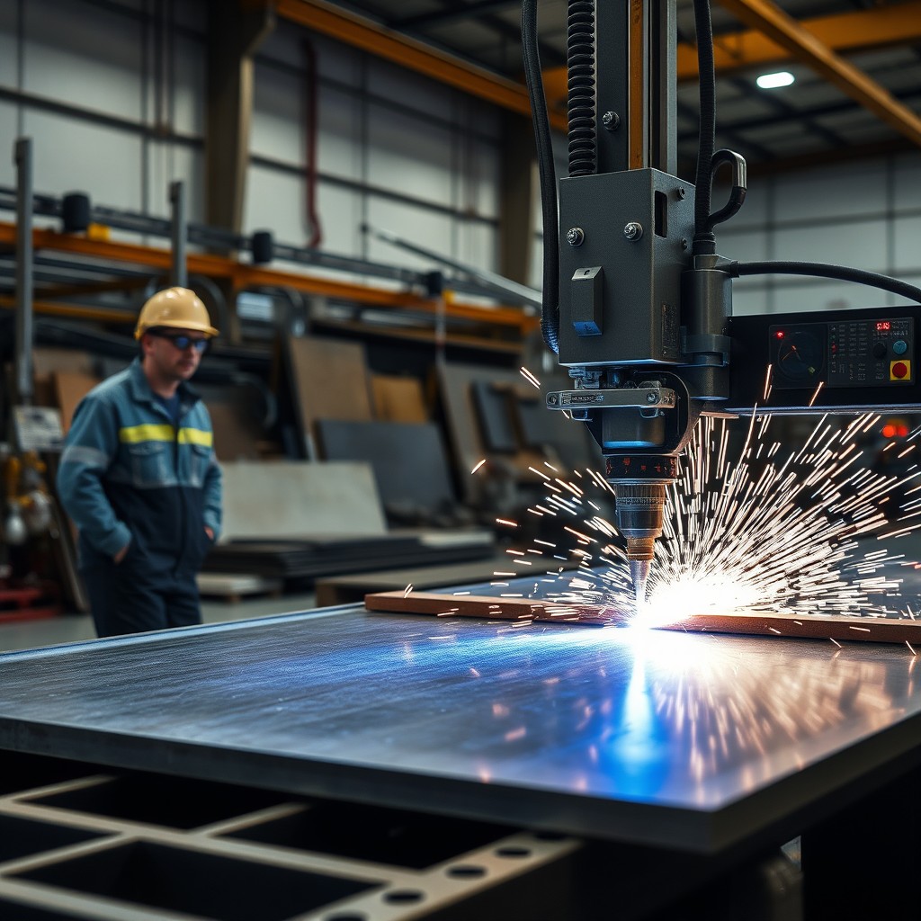 An industrial scene showcasing a fiber laser cutting machine in action