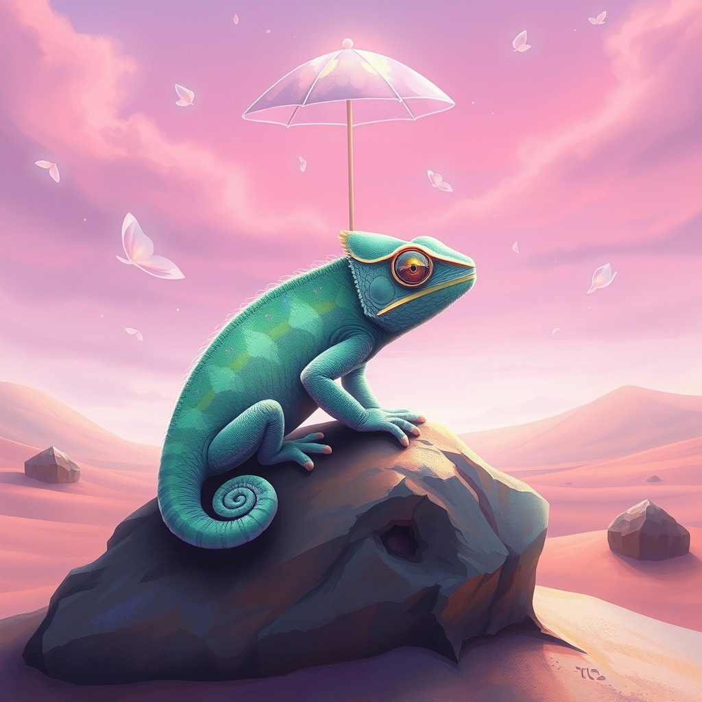 A highly detailed digital painting of a surreal chameleon sitting on a glowing rock in a dreamlike desert-scape