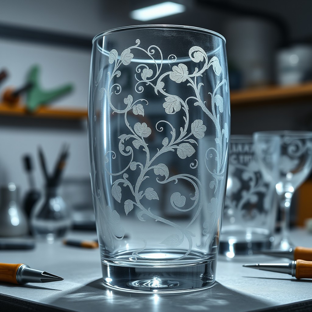 A beautifully detailed glass engraving with intricate fiber engraving patterns, showcasing a design of swirling vines and floral motifs, reflecting light with crystal clarity