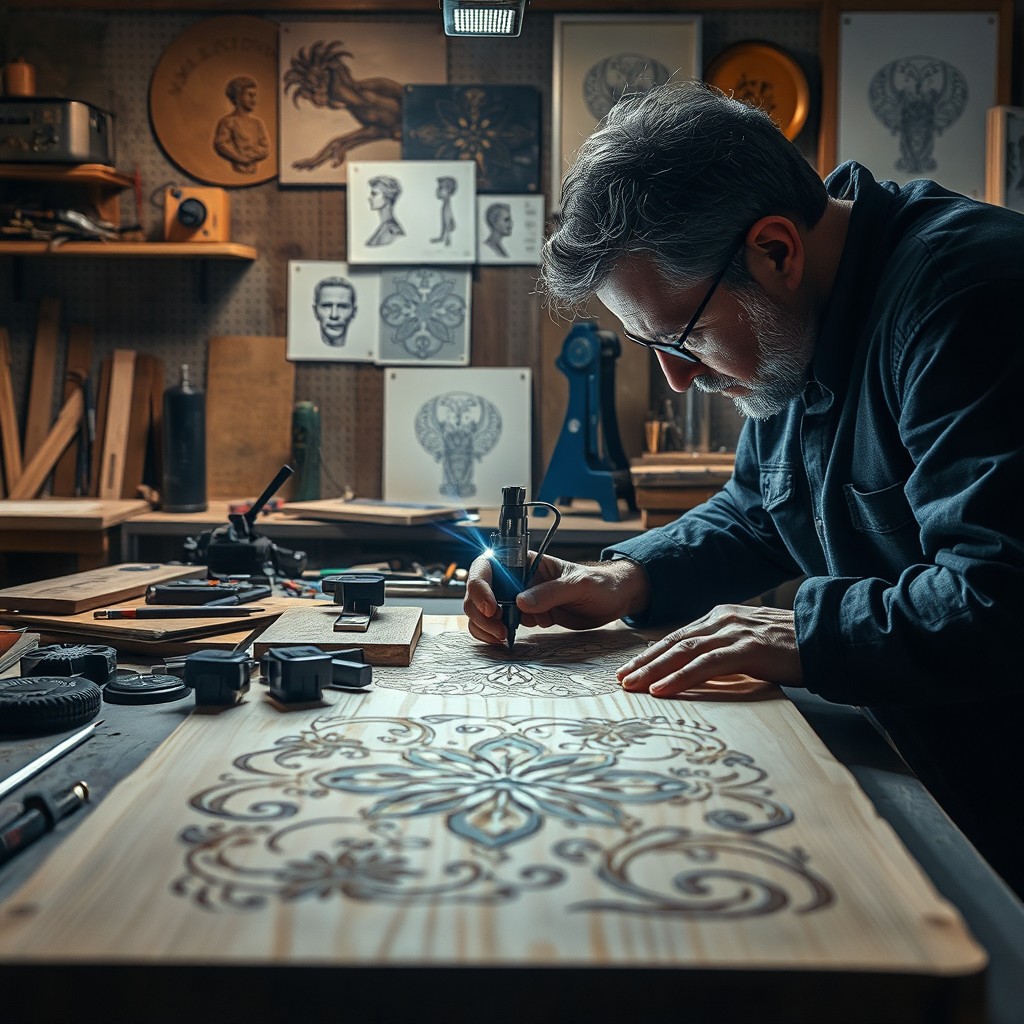 A highly detailed scene depicting the process of laser engraving with a fiber laser machine