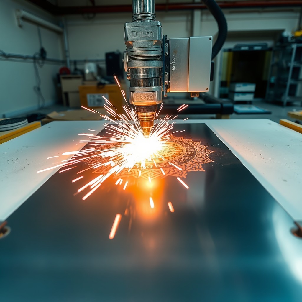 A fiber laser engraving machine at work, showcasing intricate designs being engraved on metal sheets