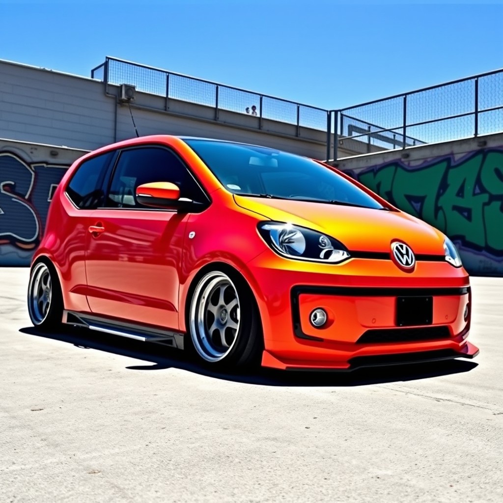A low slammed Volkswagen Up with stylish modifications, featuring sleek 16-inch alloy wheels that give it an aggressive stance