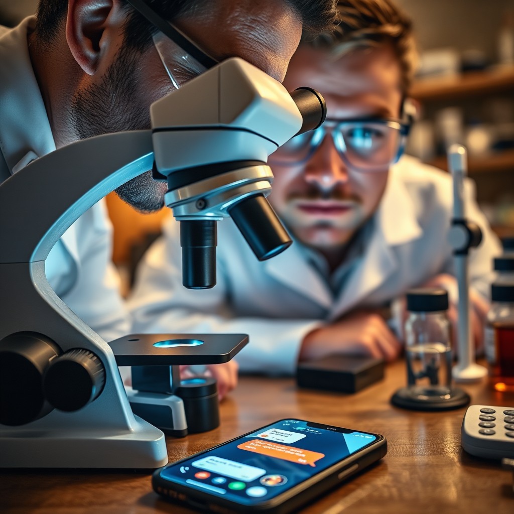 A detailed close-up view of a laboratory setting where a man is peering into a microscope