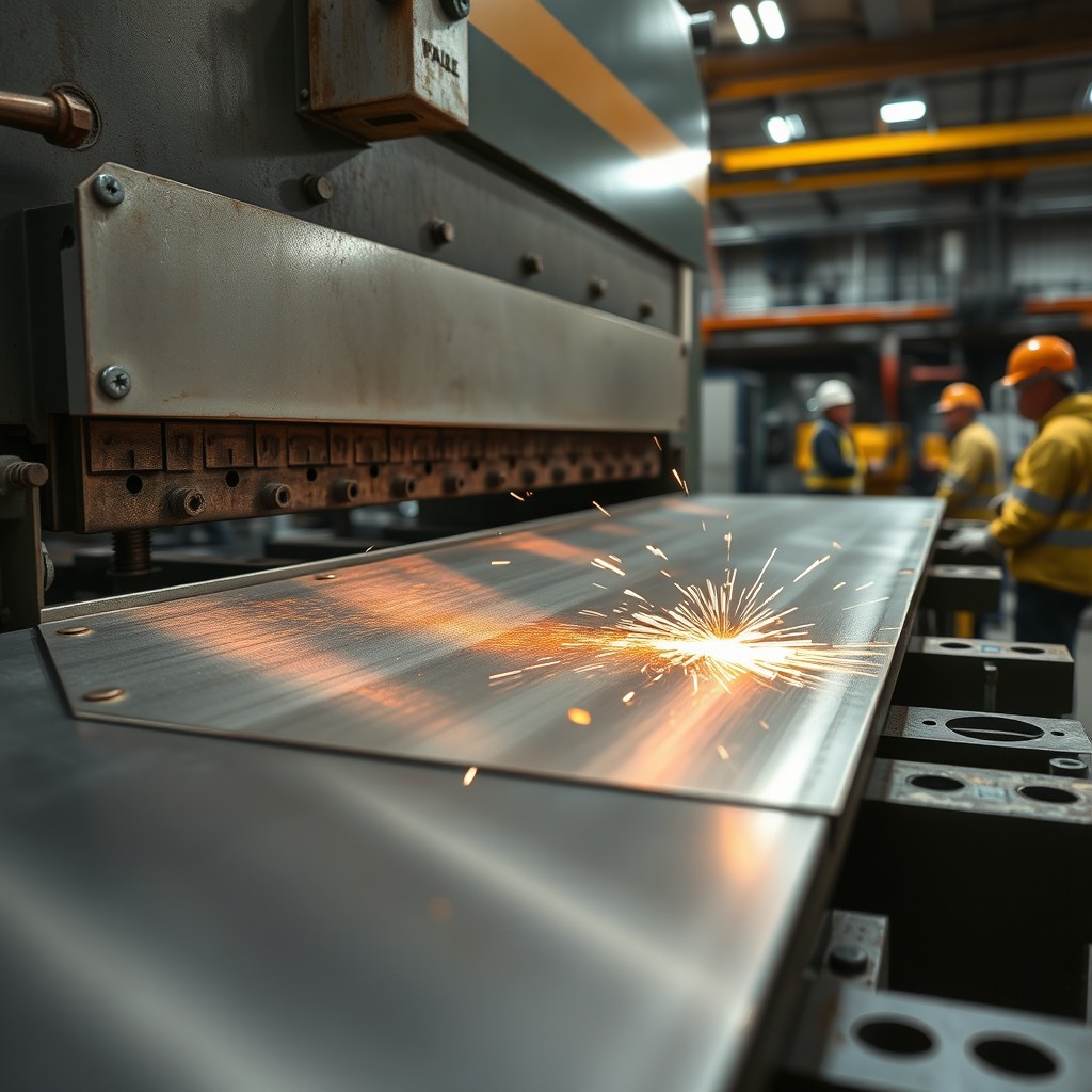 A detailed image of a brake press machine in action, showing the industrial setting with metal sheets being bent and shaped