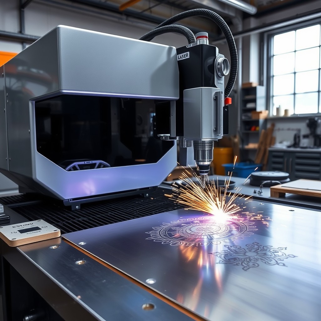 A high-tech fiber laser engraving machine in a modern workshop, showcasing its sleek design and advanced technology