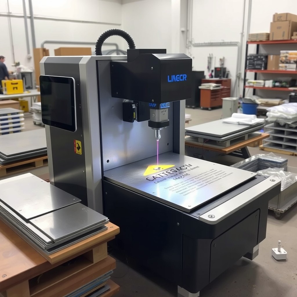 A high-tech fiber marking machine in a modern workshop setting, showcasing its sleek design and advanced features