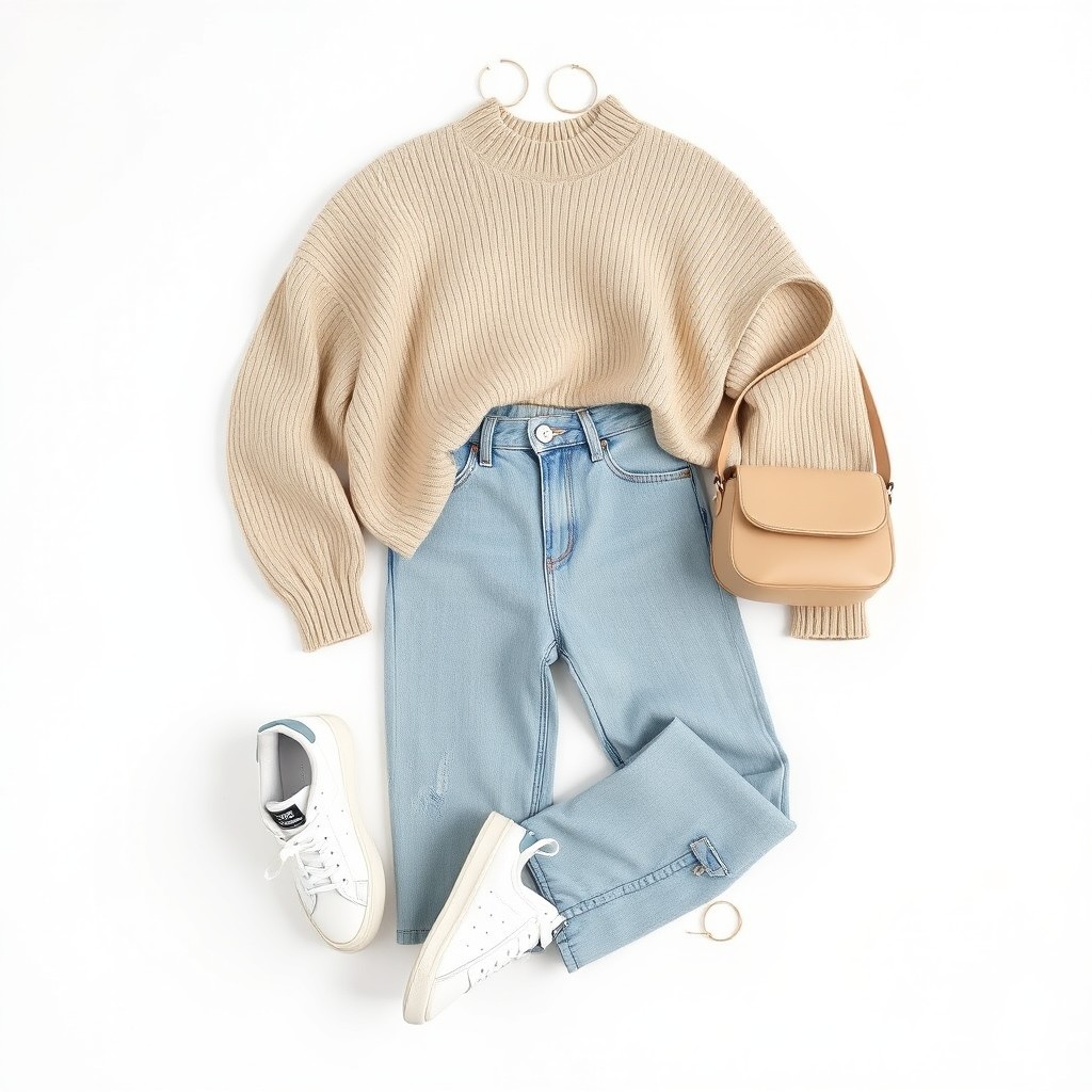 A high-quality aesthetic flat lay of a stylish outfit featuring a beige oversized sweater, high-waisted light denim jeans, trendy white sneakers, and accessorized with gold hoop earrings and a beige crossbody bag