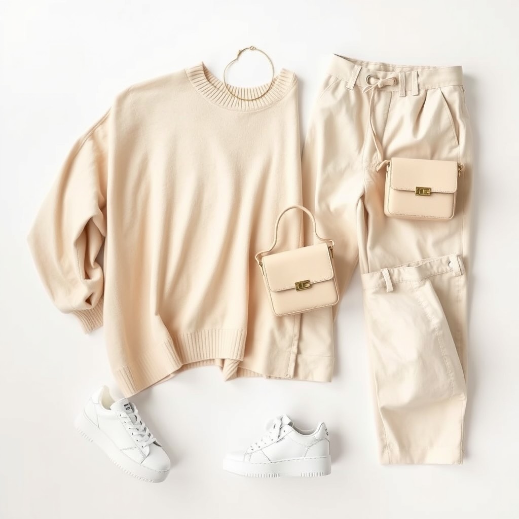 A high-quality aesthetic outfit inspiration displayed artistically without humans or animations, featuring a stylish combination of clothing items including a flowing light beige oversized sweater, high-waisted cream linen trousers, and a pair of white platform sneakers