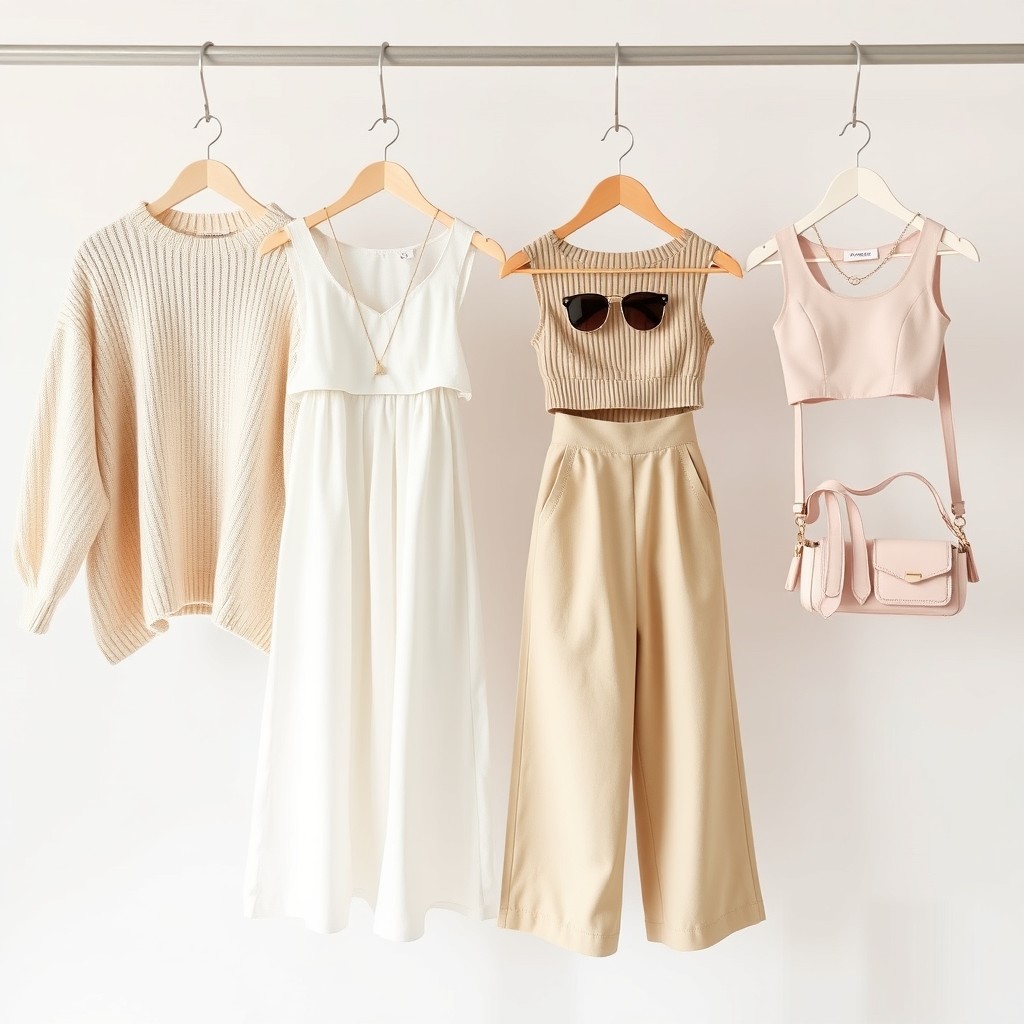 A collection of high-quality aesthetic outfits displayed on hangers against a plain white background