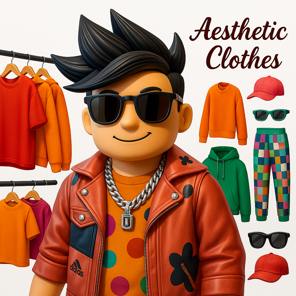 A vivid and trendy display of aesthetic clothing, featuring a variety of colorful outfits arranged artistically