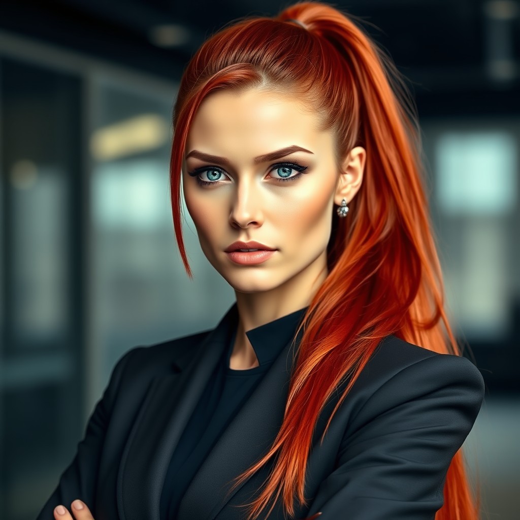 A female with a long red ponytail that cascades elegantly down her back, paired with striking blue eyes that convey determination and focus