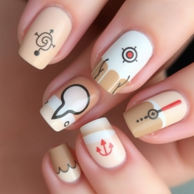 Nail designs inspired by Naruto, featuring vintage aesthetic elements
