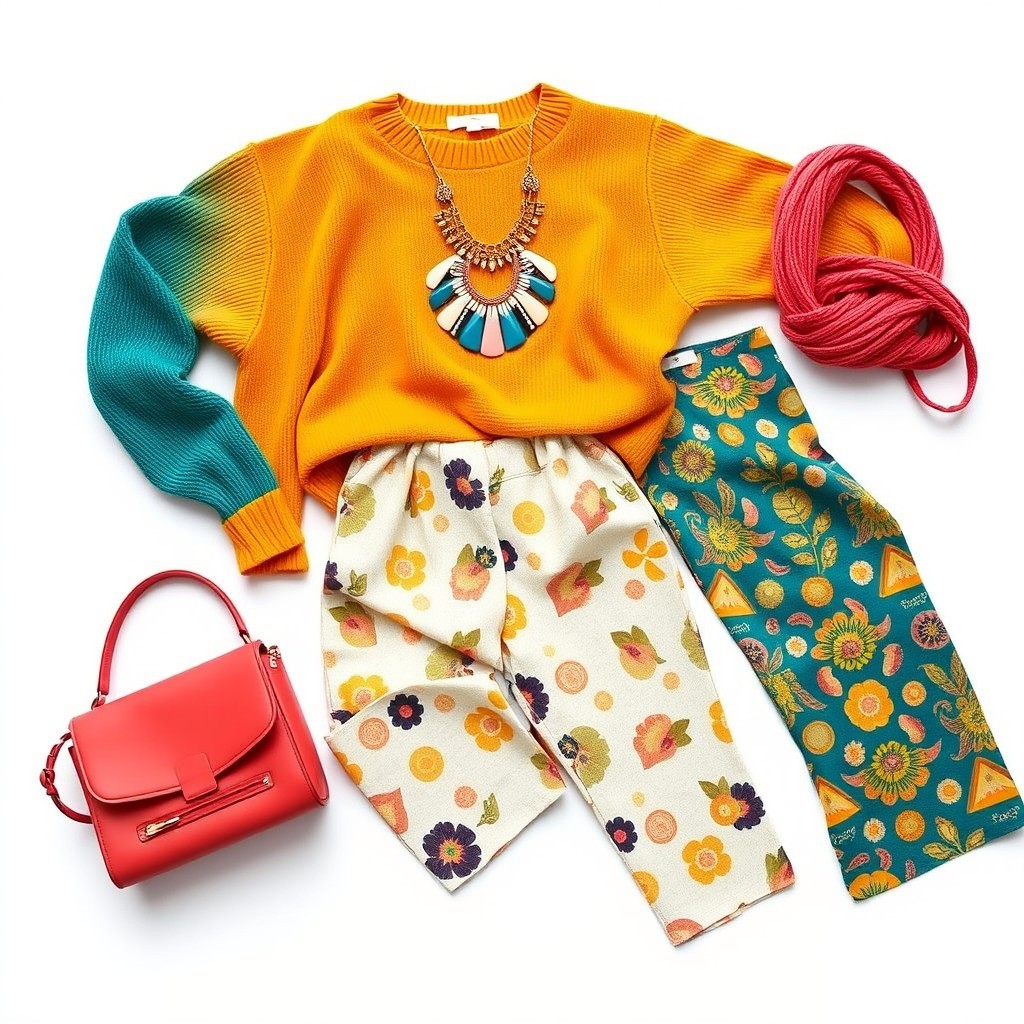 A high-quality, aesthetic display of a colorful outfit arranged on a plain white background, showcasing various elements of the outfit such as a vibrant oversized sweater, patterned trousers, and stylish accessories like a statement necklace and a trendy handbag