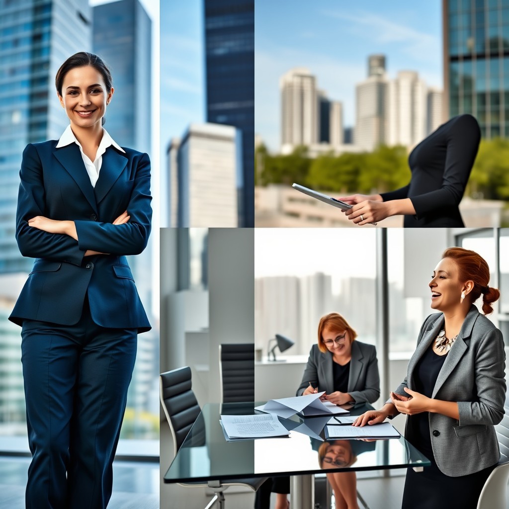 Three professional photos capturing a confident businesswoman standing in an urban environment