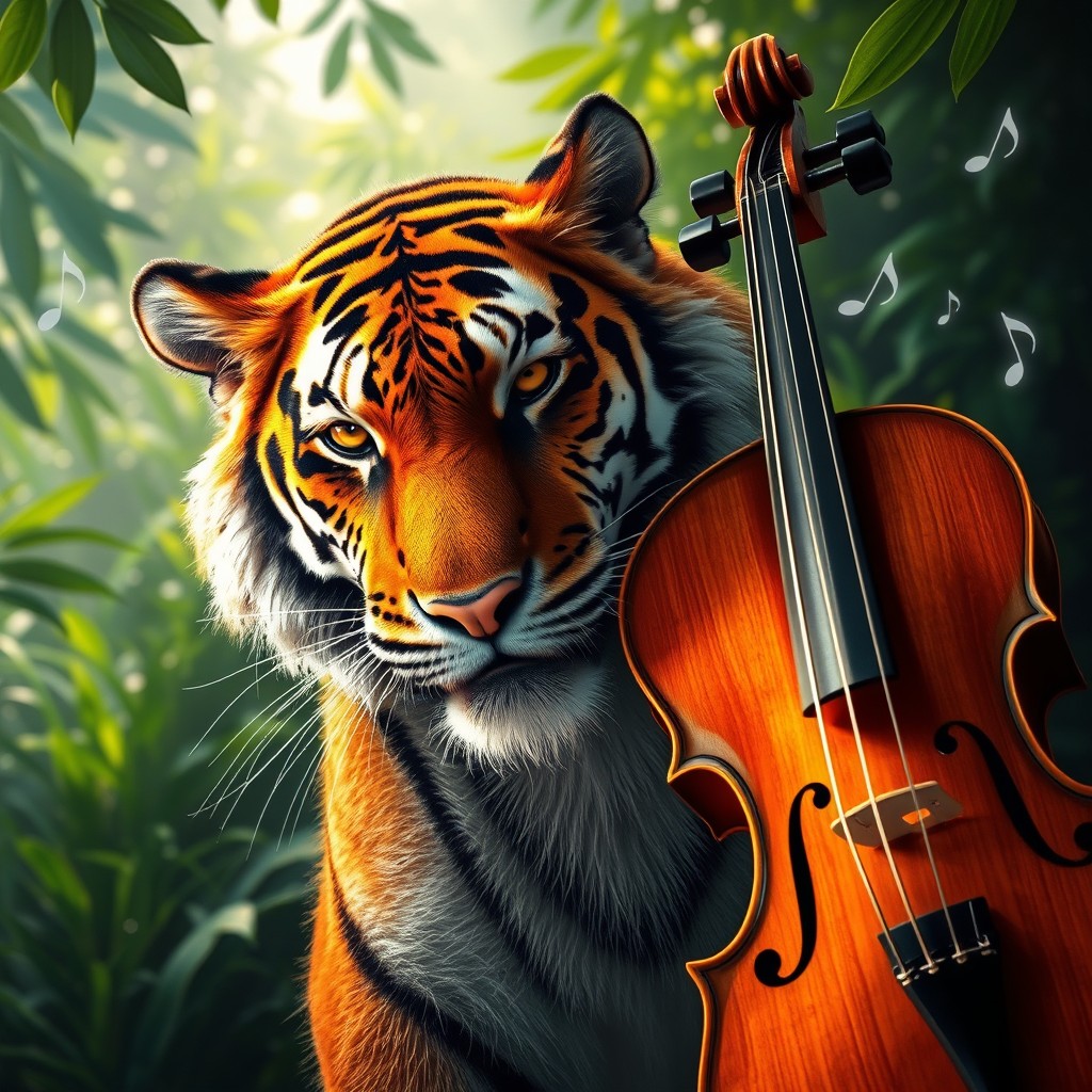 A vivid scene featuring a striking tiger being gently touched by a violin, set in a lush jungle backdrop