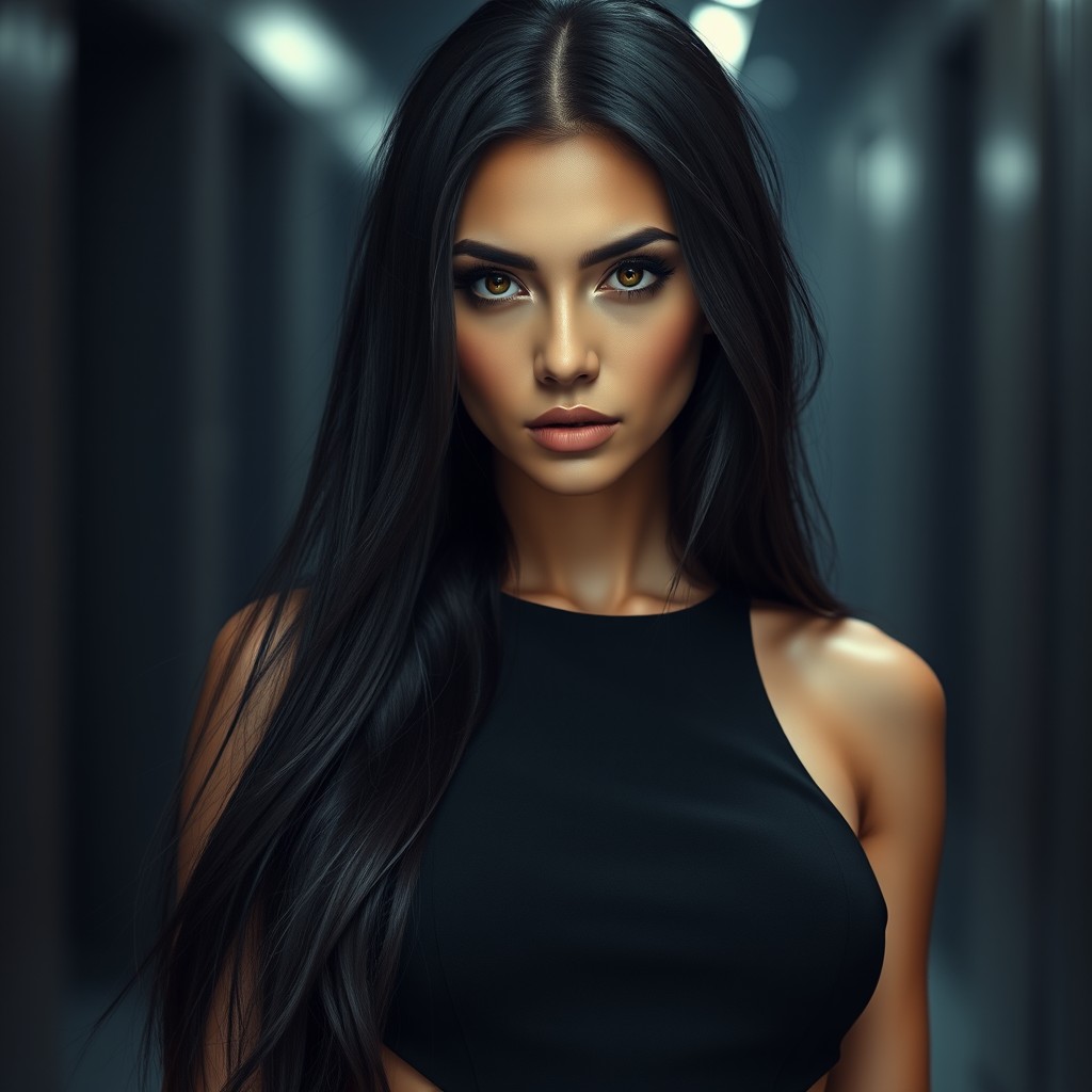 A female with long, flowing black hair that shines subtly, framing her face elegantly